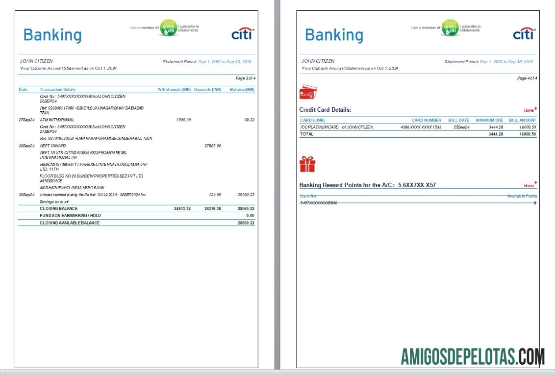 India Citibank Bank Statement, 6 Pages, 3 4 Scr amostra